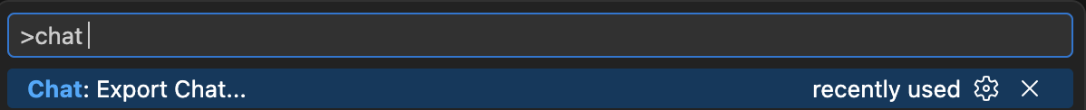 VS Code Command Palette showing 'Copilot: Export Chat' to export Copilot chat