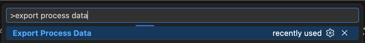 VS Code Command Palette showing 'Export Process Data' to export ProcessTracker logs