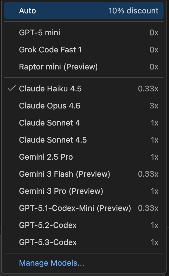 Model selector showing available free AI models (GPT-5 Mini, Grok Code Fast 1, Raptor Mini)