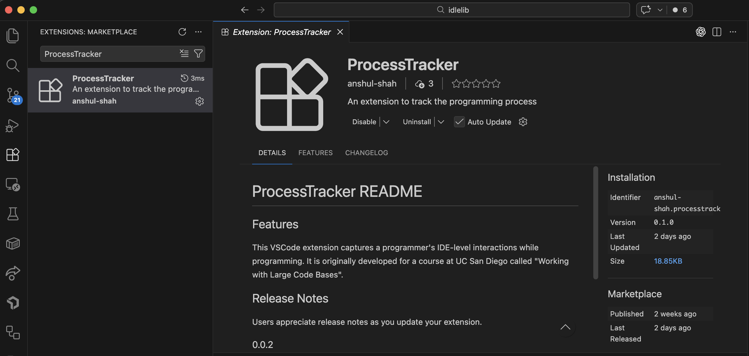 ProcessTracker extension entry in VS Code extensions list (author: anshul-shah)