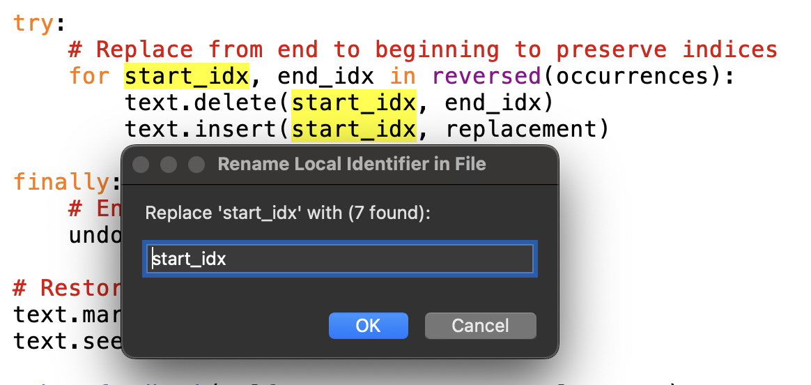 Editor showing Rename Local Identifier popup